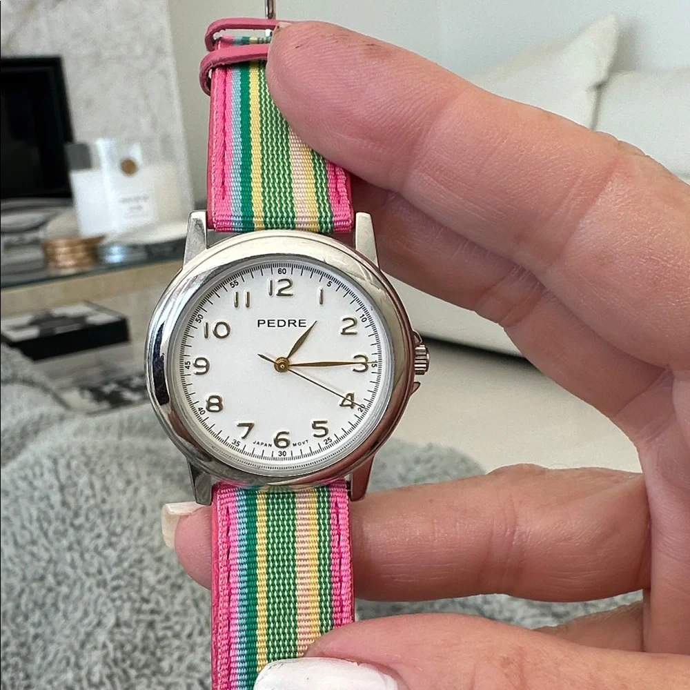 Vintage Pedre Women's Watch with Pink and Green Striped Band